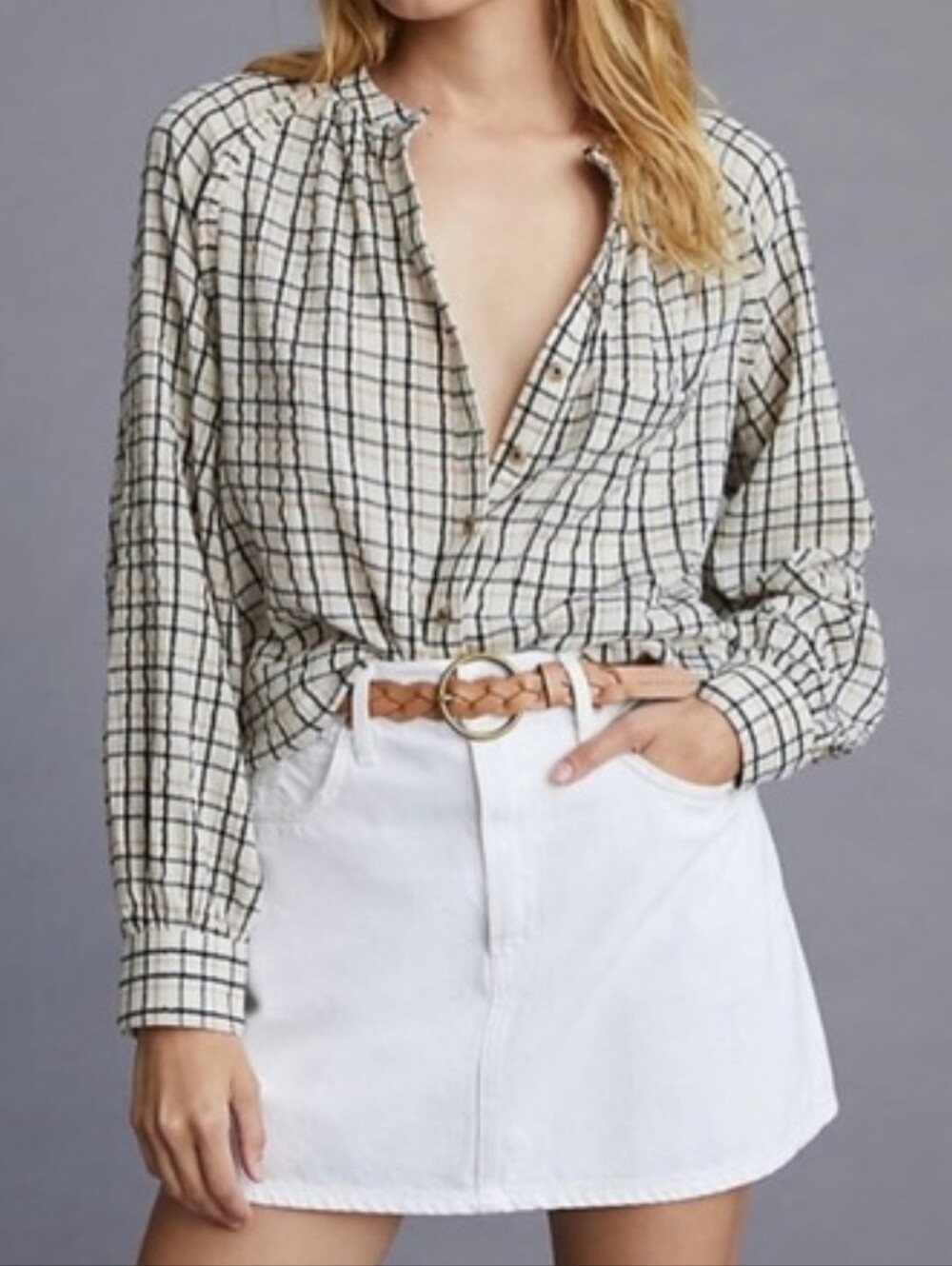 Anthropologie Pilcro Plaid RuffleShirt Button down Top Shirt S Like New